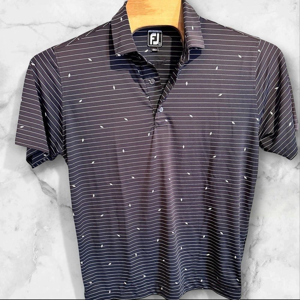 Footjoy Athletic Fit Mens Large  Black Leaf Leaves Striped Pattern Golf Polo